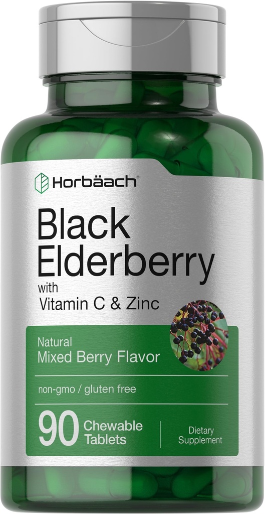 Horbaach Black Elderberry med C-vitamin og Zinkcreme 124; 90 tyggetabletter 124; blandet berry flavor 124; immunsupportkompleks 124; vegetar, ikke-GMO og gluten Free Supplement
