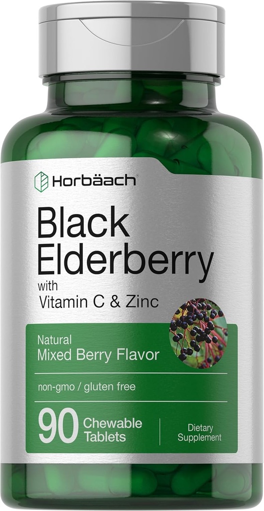 Horbaach Black Elderberry med C-vitamin og Zinkcreme 124; 90 tyggetabletter 124; blandet berry flavor 124; immunsupportkompleks 124; vegetar, ikke-GMO og gluten Free Supplement