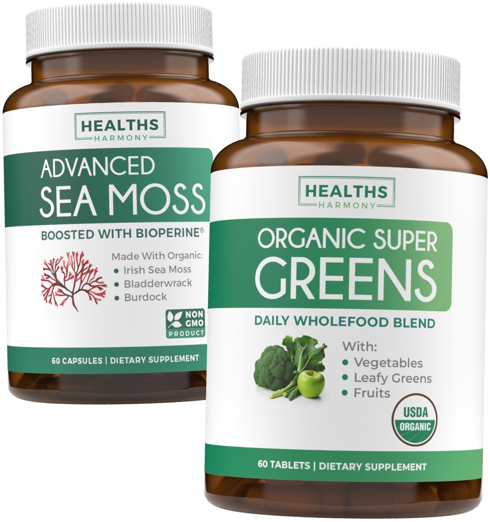 Irish Sea Moss & Organic Super Green (1-måned Supply) Supercharge Duo Bundle - Organic Irish Seamoss - Raw Vegan Superfood (60 Caps) & Organic Green Powder med 28 frugter & grøntsager (60 Caps)