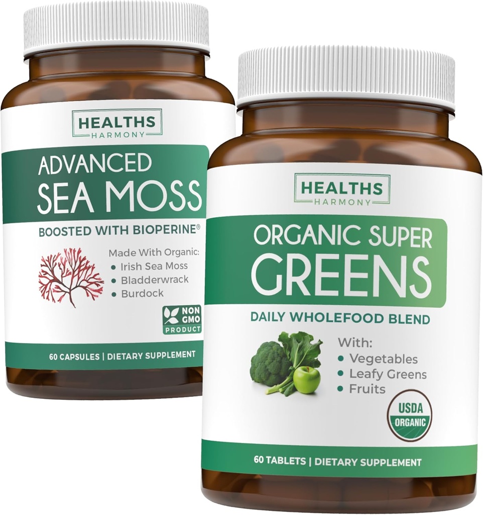 Irish Sea Moss & Organic Super Green (1-måned Supply) Supercharge Duo Bundle - Organic Irish Seamoss - Raw Vegan Superfood (60 Caps) & Organic Green Powder med 28 frugter & grøntsager (60 Caps)