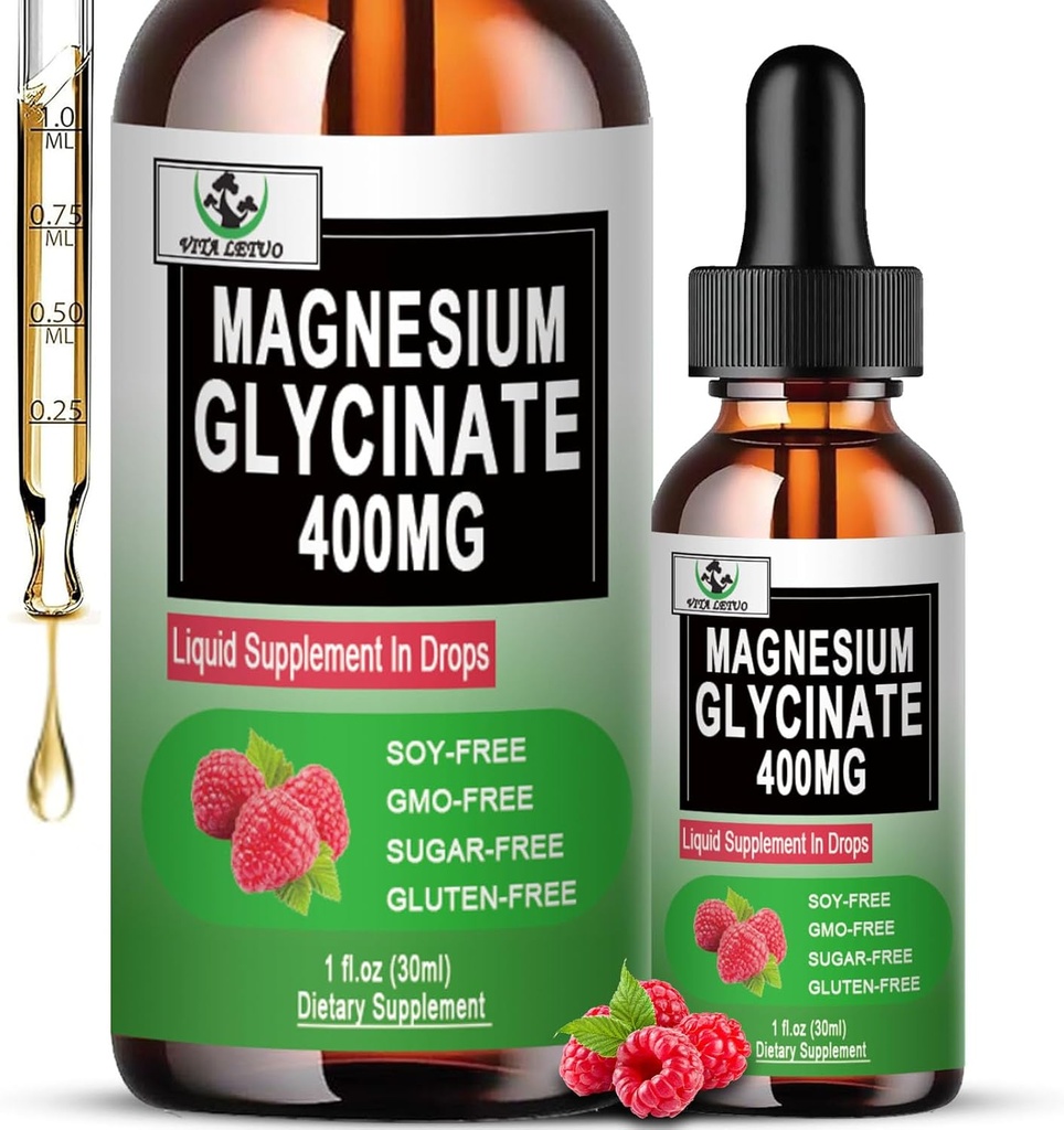 Magnesium Glycinate Liquid Drops, Pure Magnesium Glycinate 400mg for ben, 6X High Absorption Liquid Magnesium Supplement, Vegan, Non- GMO, Gluten- Free