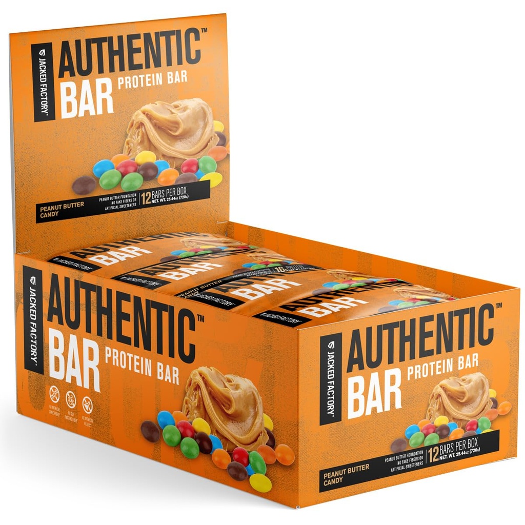 Jacked Factory Autentiske Bar Peanut Butter Candy Protein Bars - Tasty Meal Erstatning Energy Bars w / 16g Whey Protein Isolate, Natural Sugars from Pure Honey, Sund Fedt - 12 Pack