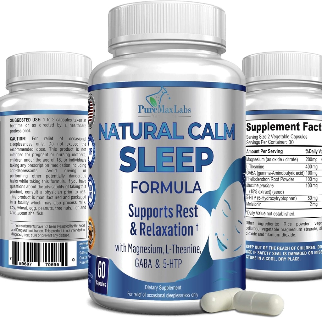 Natural Room Sleep Aid med Magnesium, L- Theanin, Melatonin, GABA, 5- Htp Medical 124; Sleep Aid Medical 124; Non- GMO - 60 Kapsler