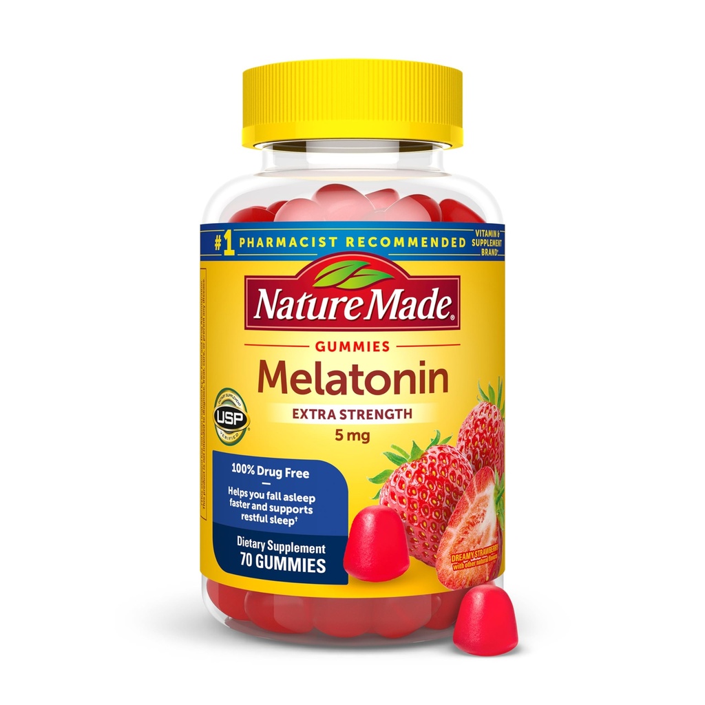 Nature Made Melatonin 5mg Voksen Melatonin Gummies, 100% Drug Free Sleep Aid, 70 Gummies, Ekstra Styrke Nature Made Melatonin