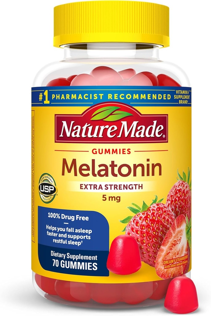 Nature Made Melatonin 5mg Voksen Melatonin Gummies, 100% Drug Free Sleep Aid, 70 Gummies, Ekstra Styrke