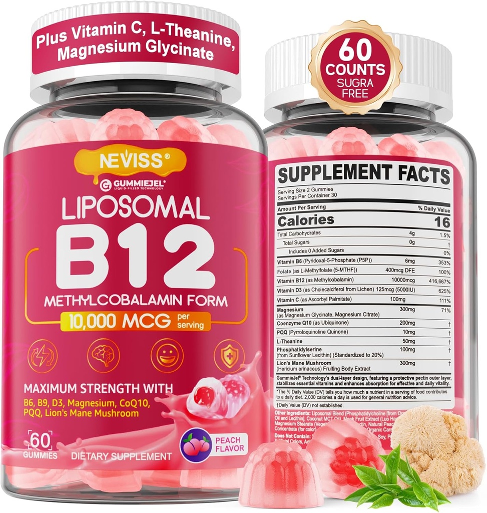 Methyl B12 Gummies 5000 mcg / 10000 mcg w / L- methylfolfolat, B6, Lions Mane Mushroom, CoQ10, PQQ, Magnesium Glycinate, Extra Strength Liposomal Vitamin B12 Complex for Energy, Focus, Brain & Immunity 1Pack