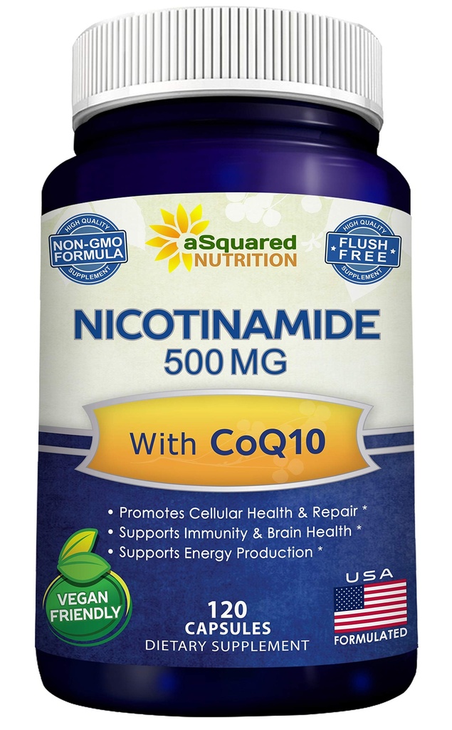 Nicotinamid med CoQ10 (120 kapsler) - vitamin B3 500mg (Niacinamid Flush Free) - Coenzym Q10 Powder - VIT B-3 & Coq 10 Supplement piller til støtte energi, NAD, og hud celle sundhed