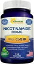 Nicotinamid med CoQ10 (120 kapsler) - vitamin B3 500mg (Niacinamid Flush Free) - Coenzym Q10 Powder - VIT B-3 & Coq 10 Supplement piller til støtte energi, NAD, og hud celle sundhed
