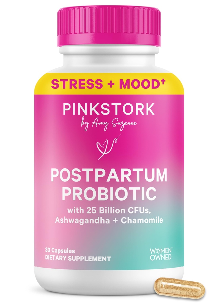 Pink Stork Probiotika til postnatale kvinder - 30 milliarder CFUS med Ashwagandha og kamille, Postpartum Essentials for Hormone Balance, Mood Support, Gut Health, fordøjelsesbesvær, 30 kapsler