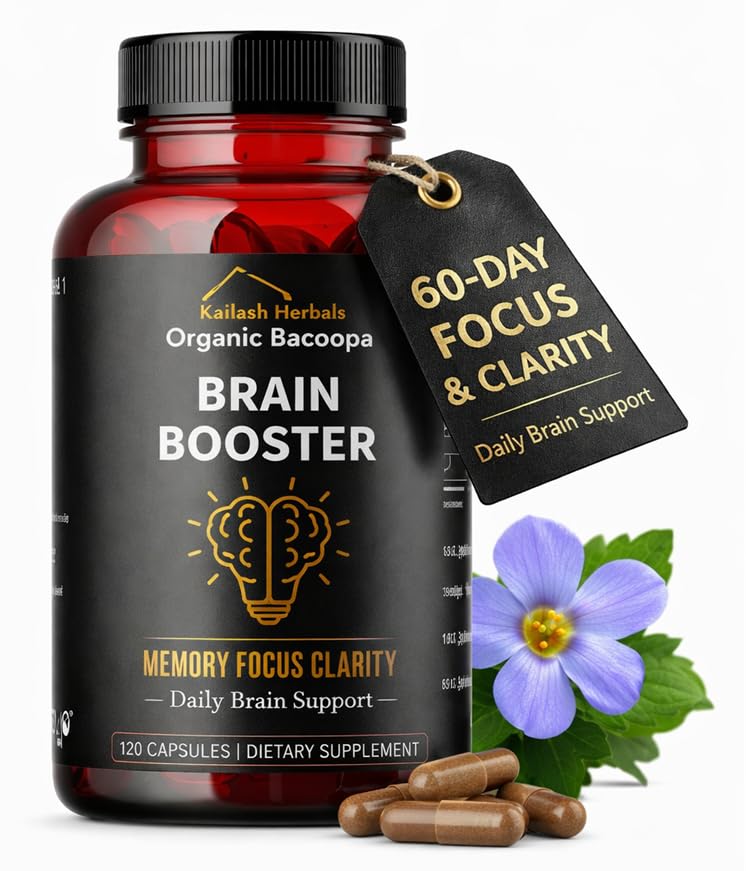 Bacopa, Organic Brain Booster, Nootrop Brain Supplement, Bacopa Monnieri / Brahmi, for Mental Sharpness, Focus, Hukommelse, og Kognitiv Wellness, 120 Kapsler 500mg, 2 Måned Supply