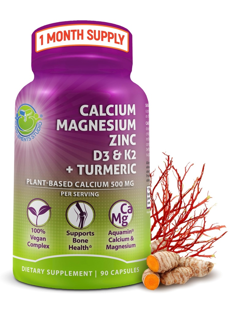 Plant- baseret Calcium 500mg (Aquamin) - Vegansk Calcium Magnesium Zink D3 med vitamin K2 & Økologisk gurkemeje - Forbedret ben og muskel sundhed & styrke, immunforsvar for kvinder & mænd - 90 Greve