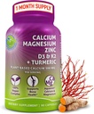 Plant- baseret Calcium 500mg (Aquamin) - Vegansk Calcium Magnesium Zink D3 med vitamin K2 & Økologisk gurkemeje - Forbedret ben og muskel sundhed & styrke, immunforsvar for kvinder & mænd - 90 Greve