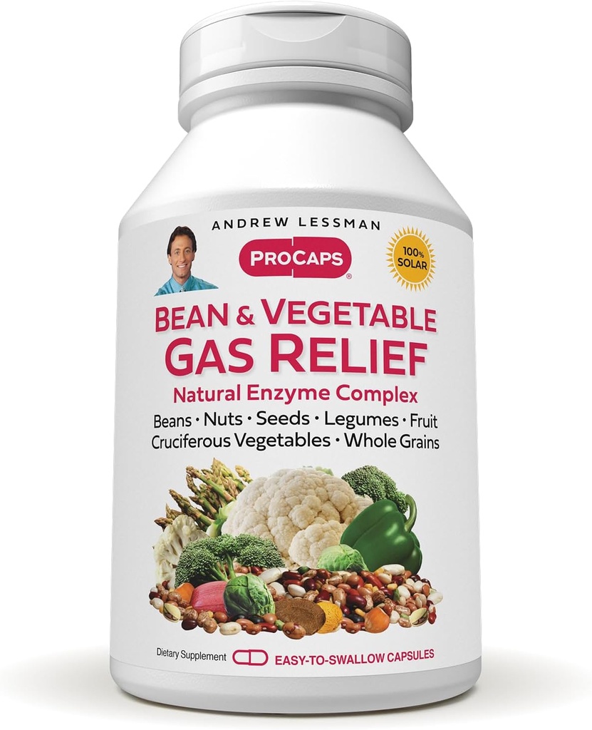 ANDREW LESSMAN Bean og vegetabilsk gas Relief 60 kapsler - Natural Enzyme Complex reducerer gas, Bloating fra bønner, Cruciferous Grøntsager, Frugt, Korn og andre fødevarer. Forsigtigt og effektivt