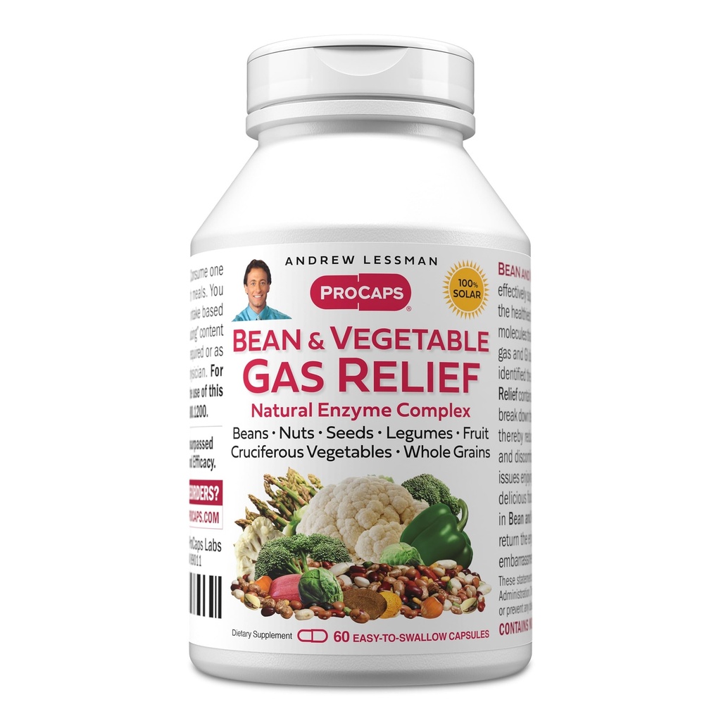ANDREW LESSMAN Bean og vegetabilsk gas Relief 60 kapsler - Natural Enzyme Complex reducerer gas, Bloating fra bønner, Cruciferous Grøntsager, Frugt, Korn og andre fødevarer. Forsigtigt og effektivt