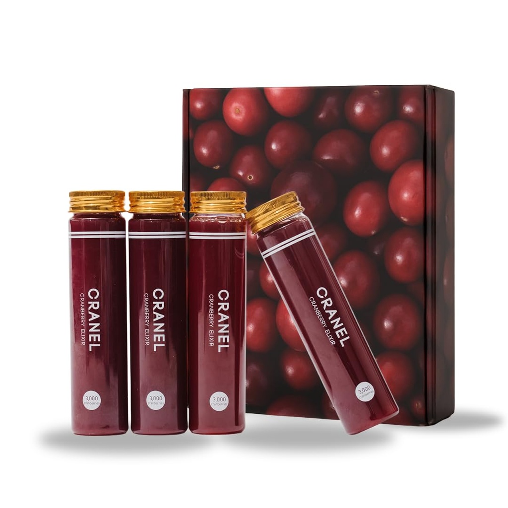 CRANEL UTI Support Cranberry Elixir, 4X Flasker (Monthly Supply) Clinically-Proven & Antibiotic- Free, Pakket med 3.000 Real Cranberries (Tart Taste) Vegan & Non- GMO, Zero Tilføjet sukker