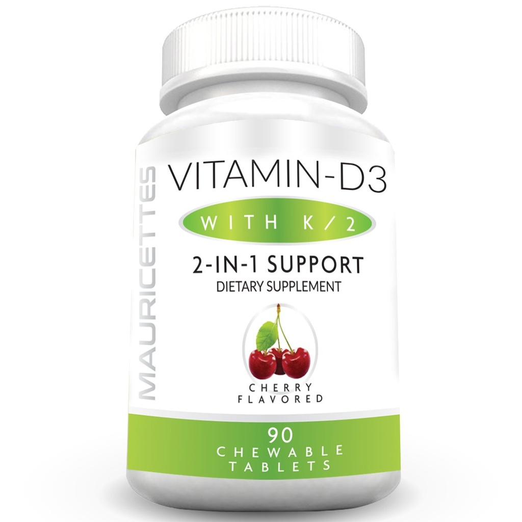 Mauricettes Chewable Vitamin D3 med K2 - 2 - in-1 Knogle- og hjertesygdomme - Immunbooster - Natural Cherry Flavor - 90 tabletter til voksne og børn