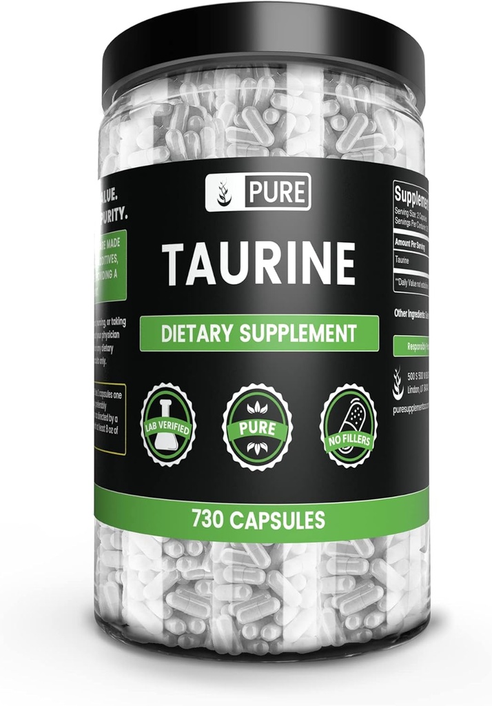 PURE ORIGINAL INGREDIENSER Taurin (730 kapsler) Ingen Magnesium eller ris fyldstoffer, altid ren, Lab Verified