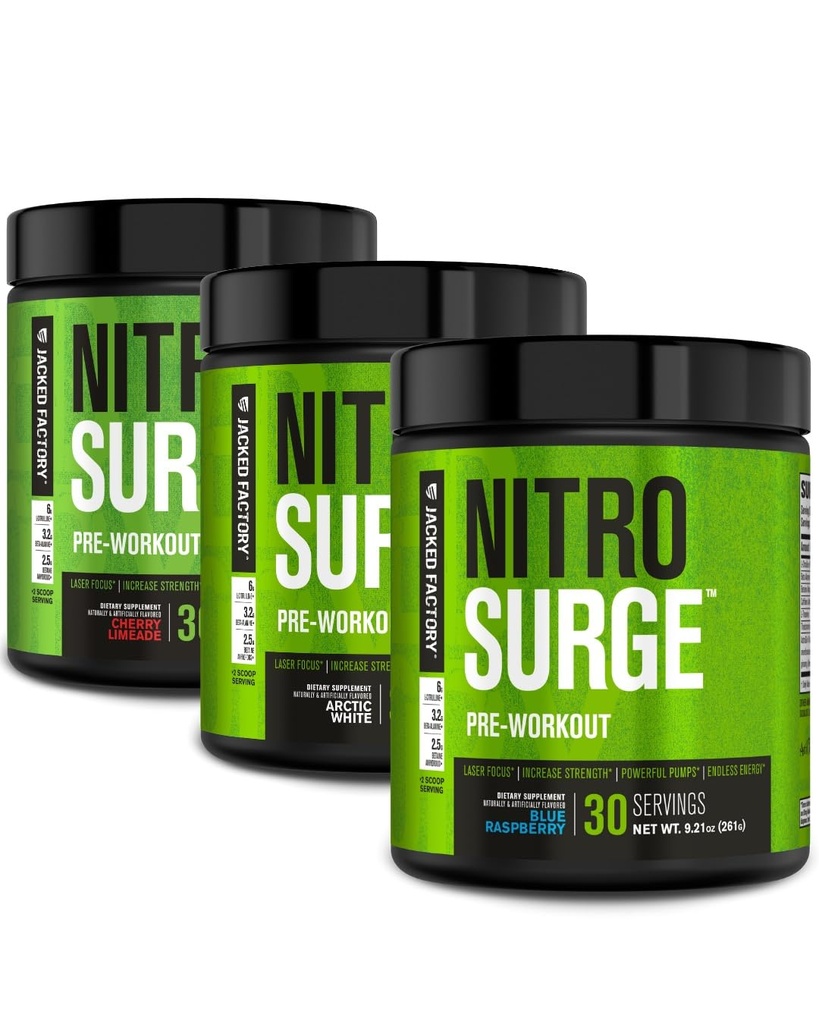 Jacked Factory NITROSURGE Pre Workout Supplement - Enless Energy, Instant Strength Gains, Clear Focus, Intense Pumpe against 124; Cherry Limeade, Blå Hindbær, Arctic White (90 Servere)