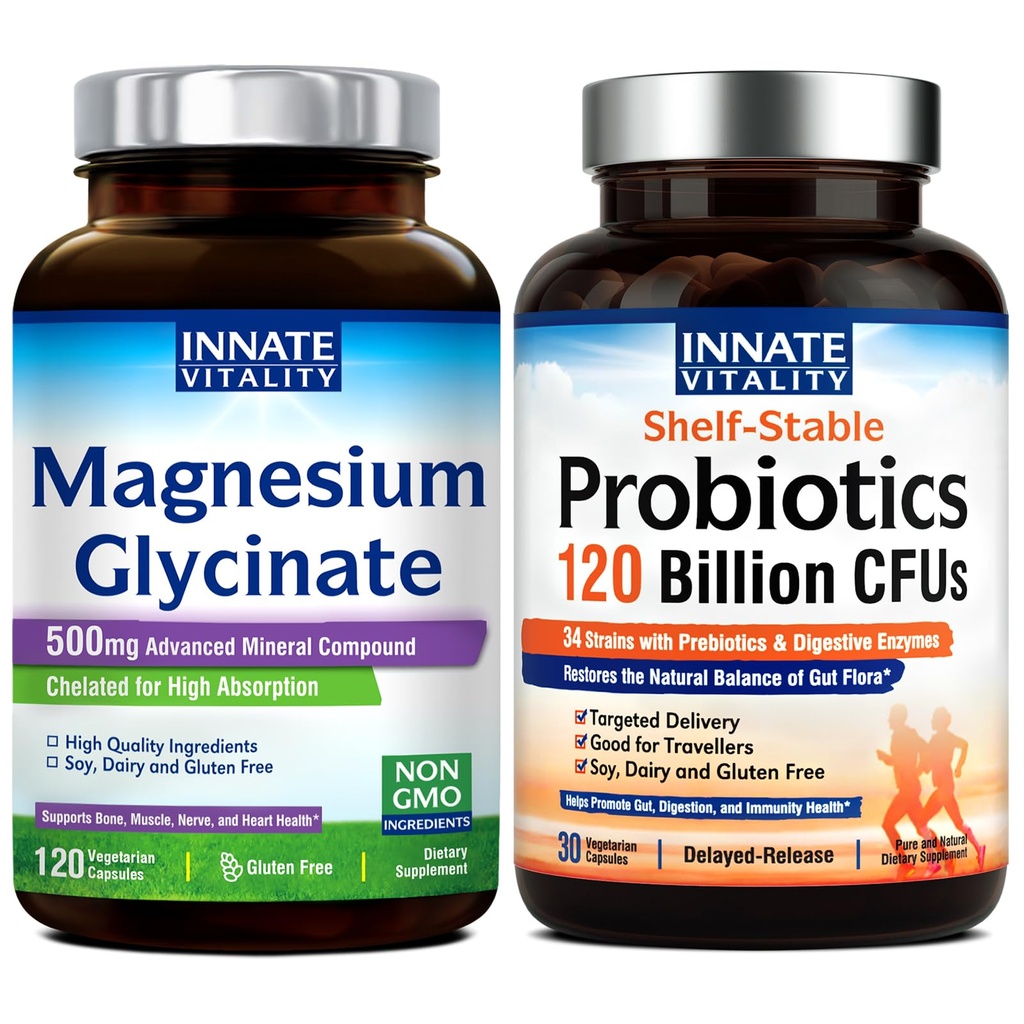 Innate Vitality Magnesium Glycinat & Probiotika 120 Billion Bundle, Non- GMO, No Gluten Dairy Soy & Vegan, Magnesium (120 Caps) & Probiotic (30 Caps)