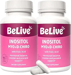 BeLive Myo- Inositol & D- Chiro Inositol Supplement - 2 Pack - 90 Kapsler Hver - 40: 1 Ratio med folinsyre til kvinder