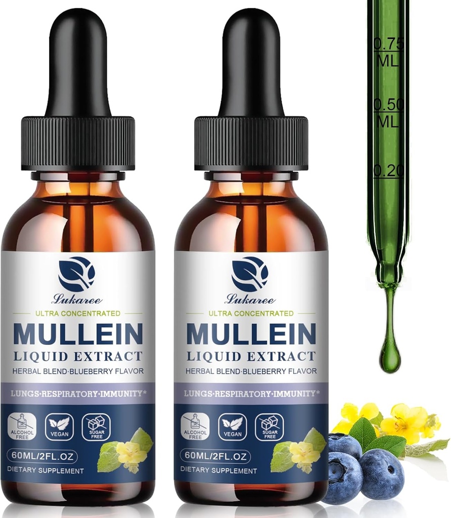Mullein Drops til Lungs, Lung Detox & Cleanse, Vegan Mullein Leaf Extract Tinktur med Chlorophyll Elderberry, etc, Natural Herbal supplement til luftveje, immunforsvar, 60 Servere