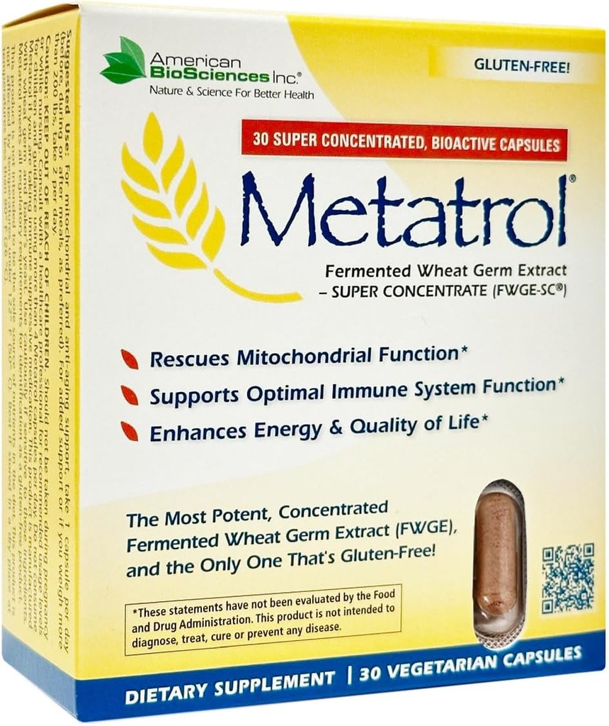 American BioSciences Metatrol Fermented Wheat Germ Extract - Immuno & Mitokondria Support til Fornyet Vitality & Enhanced Energy - Gluten Free - 30 vegetariske kapsler, 41mg