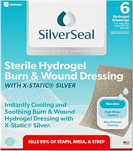 SilverSeal Burn and Wound Dressing, Hydrogel Pads med X- Statisk Sølv, Lindrende, Fugtig & Beskyttende for Burns, Cuts & Wunds, 2 "x 3" Steril Dressings, 6 Greve