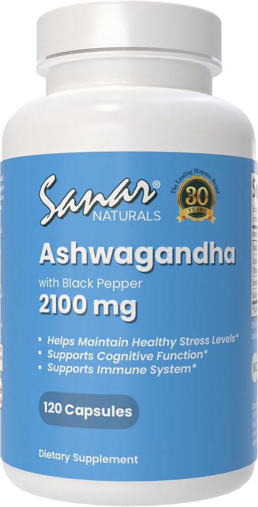 Sanar Naturals Ashwagandha 2,100 mg - Stress & Mood Support - fremmer fokus og vedvarende energi, Ashwaghanda Powder og Root Extract Blend med sort pepper - ikke-GMO, 120 kapsler
