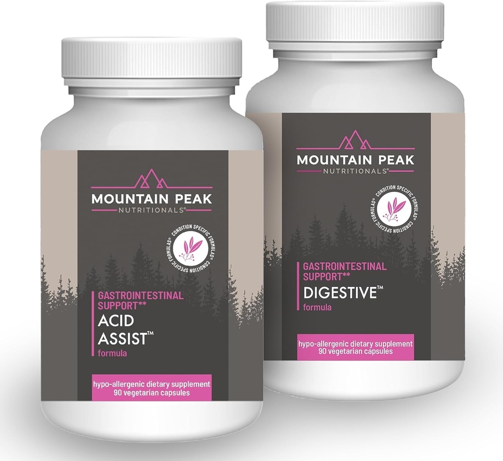 Mountain Peak Nutritionals Acid Assist & Digestive Support Combo Pack - Gastrointestinal & Digestive Health - Enzymer, Probiotika, & Nutrient Support - 90 Vegetariske Kapsler Hver