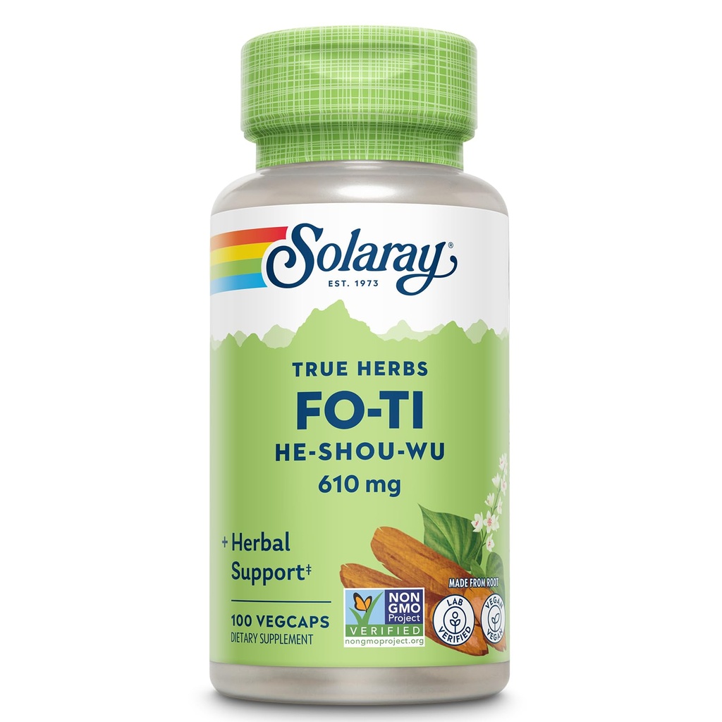 SOLARAY Fo- Ti 610 mg - Urtestøtte til aging, lang levetid og hår, hud & negle - Vegan - 60- dag Money- tilbage garanti - 100 Servere, 100 VegCaps