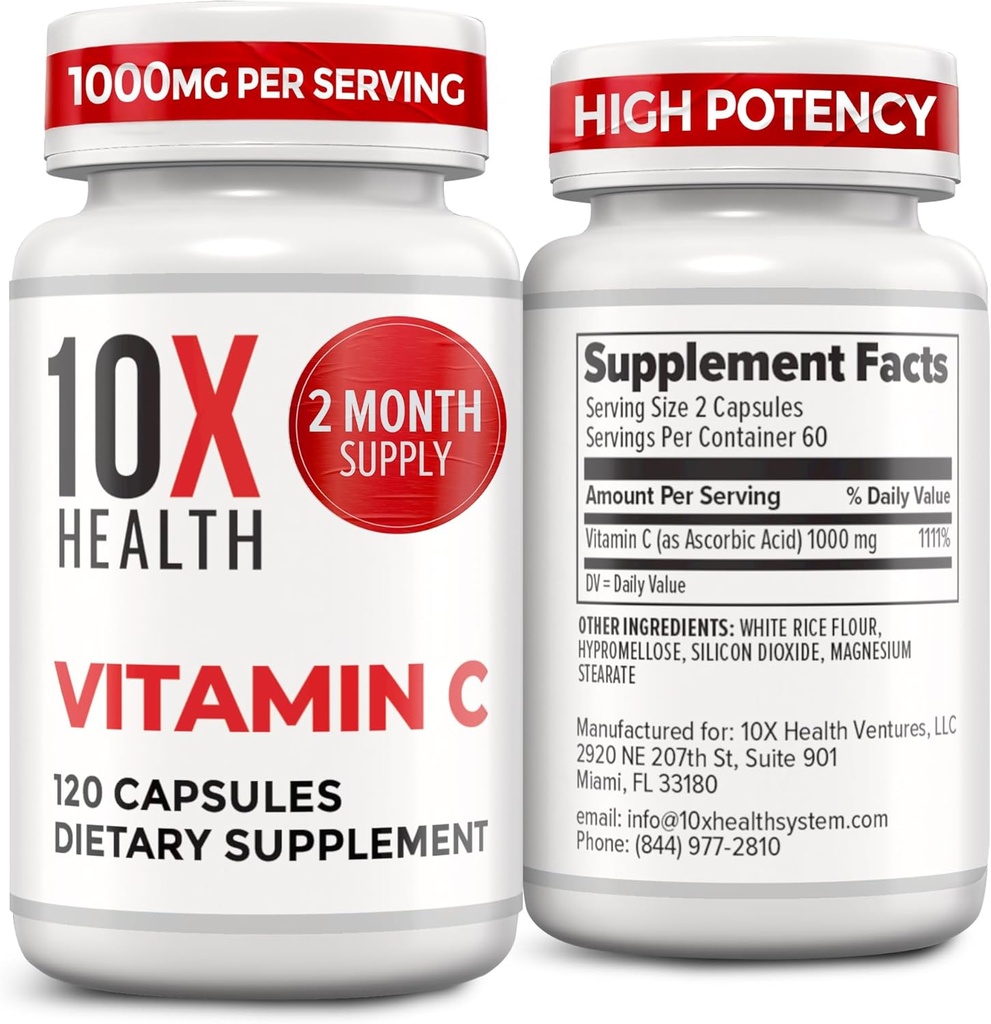 10X Health Vitamin C 1000mg - 120 kapsler Vitamin C, højdosis ascorbinsyre for immunitet, Antioxidant Protection, Collagen & Tissue Support til voksne - Vitamin C 1000 mg - Non- GMO, Gluten- fri