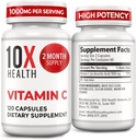10X Health Vitamin C 1000mg - 120 kapsler Vitamin C, højdosis ascorbinsyre for immunitet, Antioxidant Protection, Collagen & Tissue Support til voksne - Vitamin C 1000 mg - Non- GMO, Gluten- fri