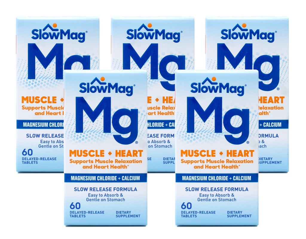 Langsomt mag Magnesiumchlorid og calcium, 60 tabletter hver (værdipakke med 5)