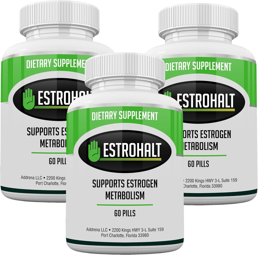 Estro- Halt 3 Pack 180 Tablet- DIM Supplement (Diindolylmethan) og Indole- 3- Carbinol (I3C) Bedste Estrogen- Blocker for kvinder & mænd; Natural Aromatase Inhibitor Vitamin til at hjælpe PCOS, Menopause og PMS