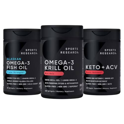 Sports Research Triple Strength Omega 3 Fish Oil, Antarktis Krill Oil + Phospholipider, Cholin & Astaxanthin Mini- Softgels, Keto Plus ACV 500mg Apple Cider Vincils & 1500mg goBHB Exogene Ketoner