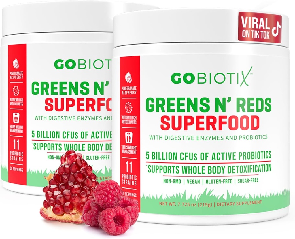 GOBIOTIX Super Green and Red Powder - Rød og grøn superfood - Probiotisk supplement - fordøjelsesenzymer og root pulver - Organic Whole Foods Kosttilskud (Pom Raspberry, 2 Pack)