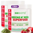 GOBIOTIX Super Green and Red Powder - Rød og grøn superfood - Probiotisk supplement - fordøjelsesenzymer og root pulver - Organic Whole Foods Kosttilskud (Pom Raspberry, 2 Pack)