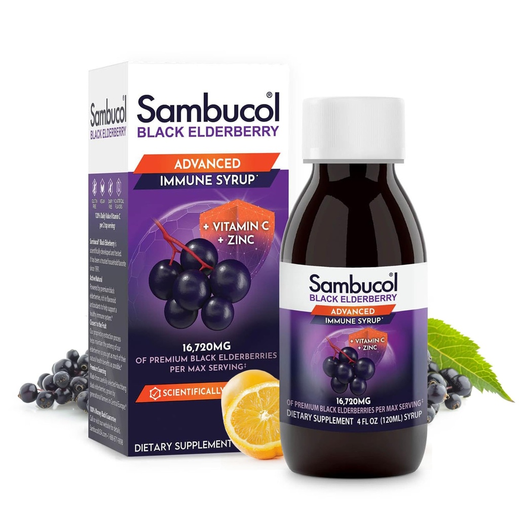 Sambucol Advanced Black Elderberry Syrup - Elderberry med zink og C-vitamin til voksne, Sambucus Elderberry Syrup, Elderberry Liquid - 4 Fl Oz