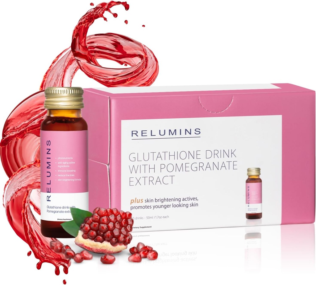 Reluminer Glutathione Hydration Shots - efter - Sommer Skin Inddrivelse & koldt vejr Hydration - Collagen- Boosting & Made i USA - Pomegranat Flavor - 10 flasker x 50 ml