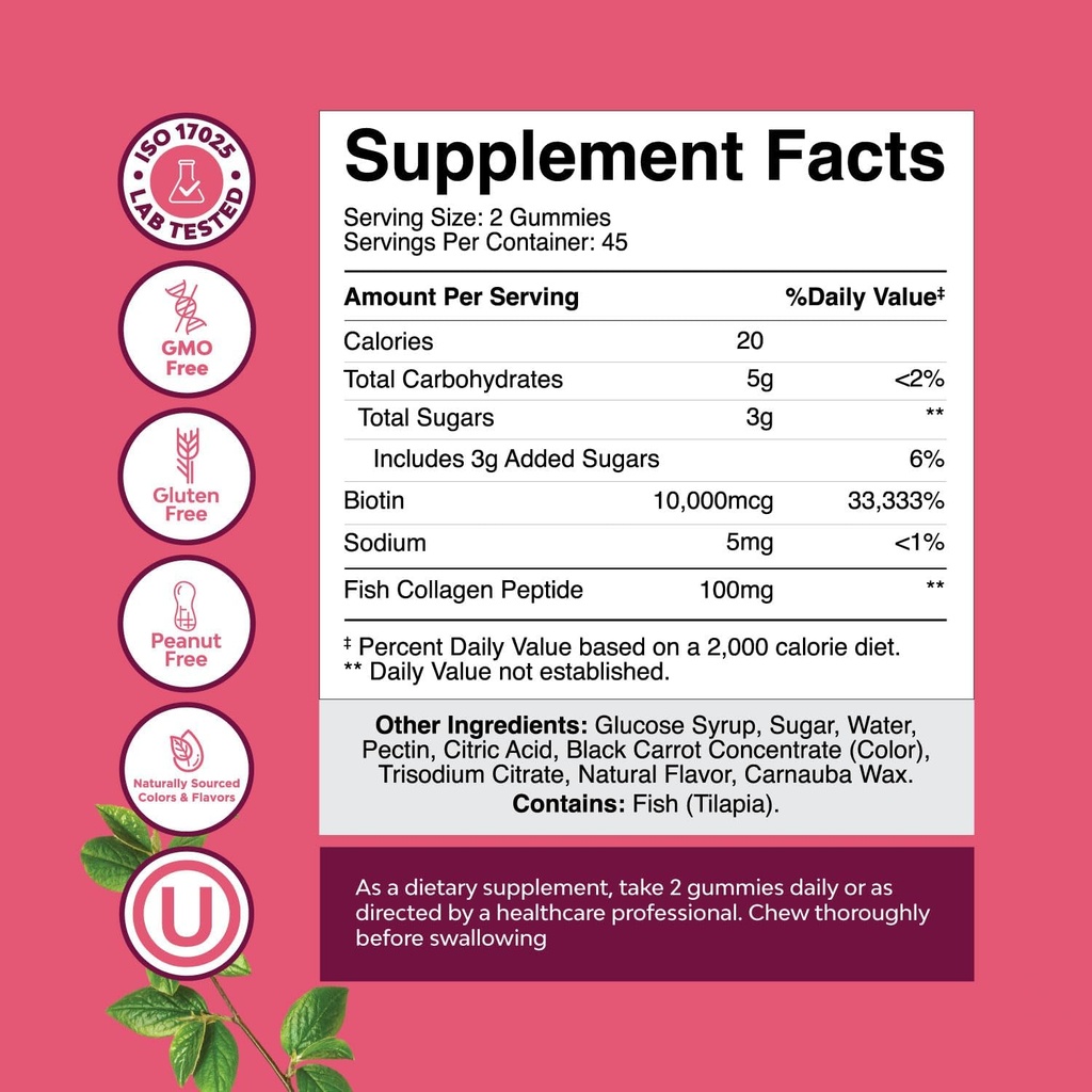 Hår Hud og negle Gummier for kvinder - Ekstra styrke Biotin og Collagen Gummies for kvinder Hår Skin Nails Support - Non-GMO Kosher Marine Collagen Biotin 10000mcg per servering (45 dage)