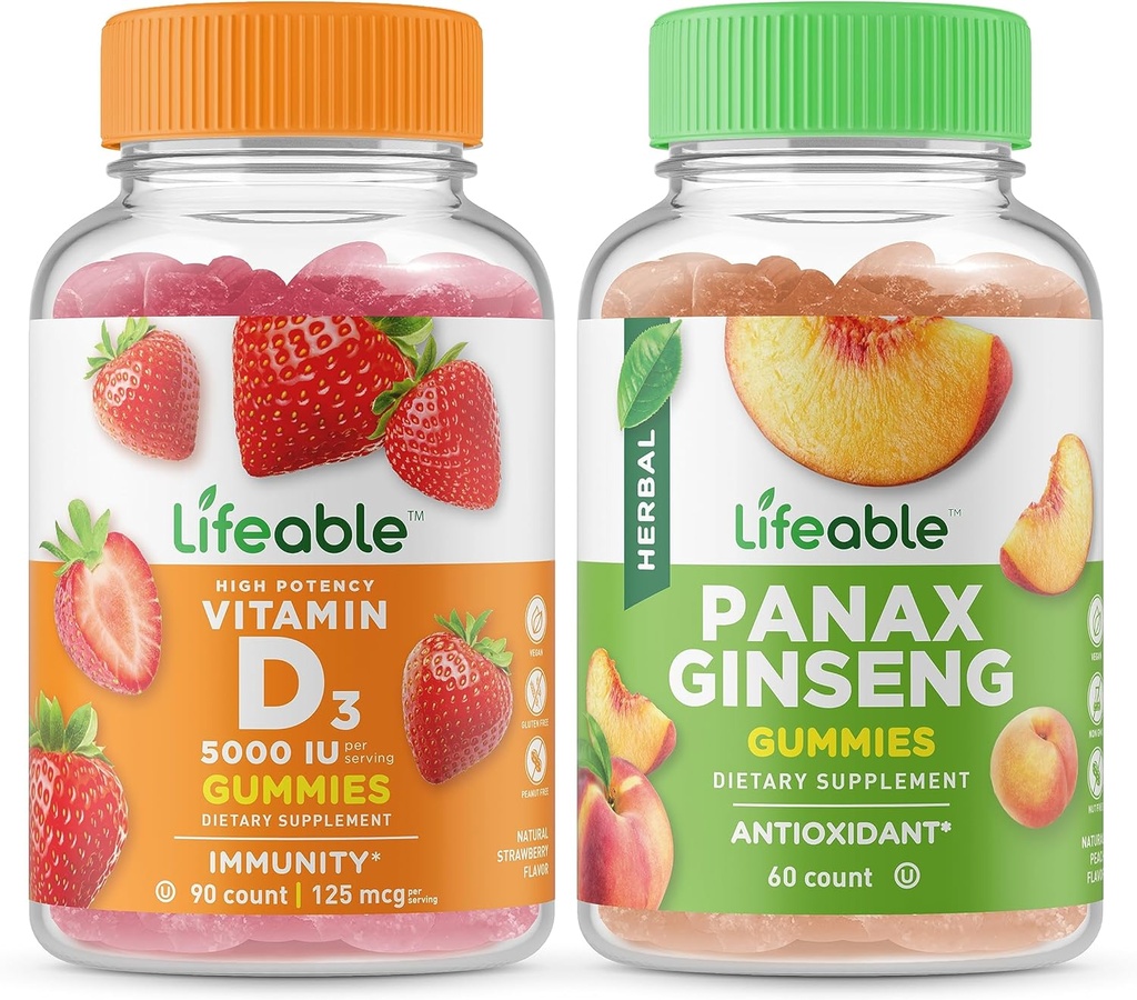 Lifeable Vitamin D 5000 IU + Panax Ginseng, Gummies Bundle - Great Tasting, Vitamin Supplement, Gluten Free, GMO Free, Chewable Gummy