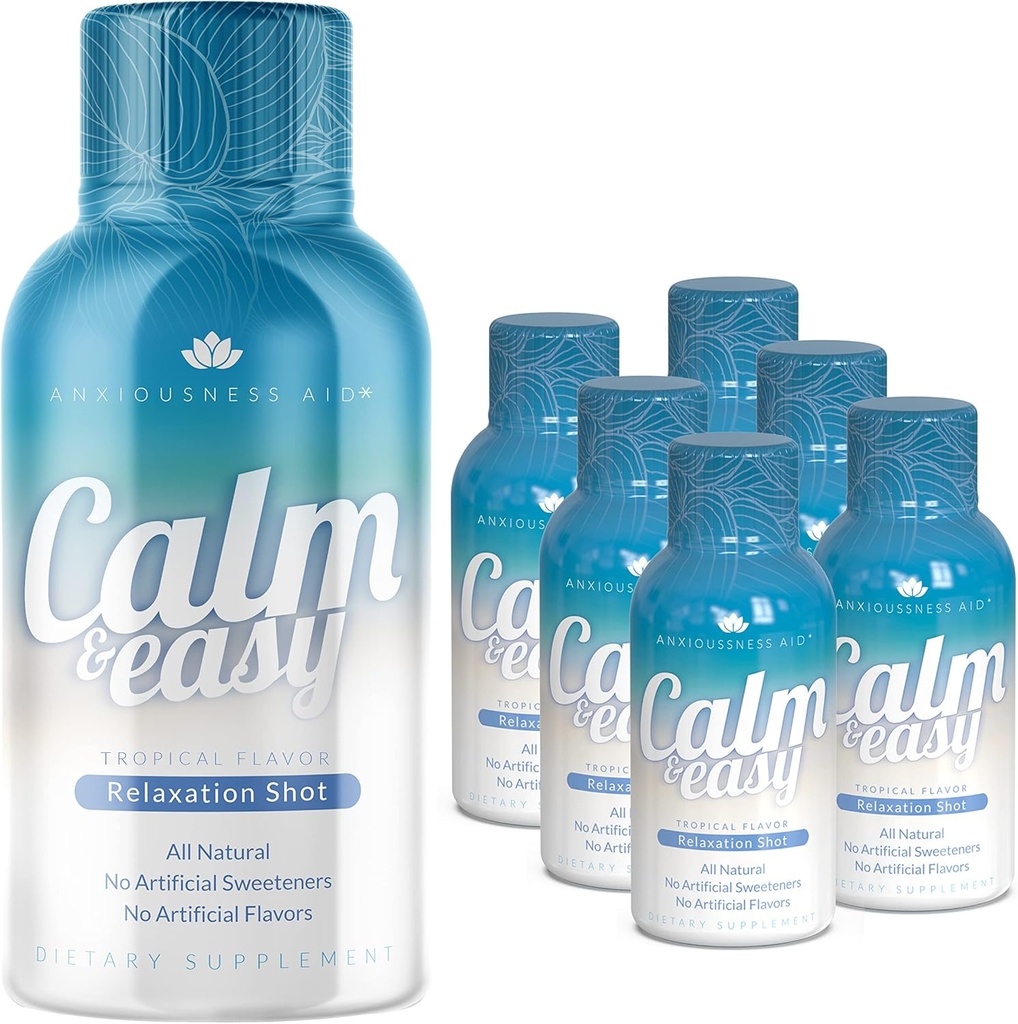 Rolig & let - Natural Stress Relief Shot, KSM- 66 Ashwagandha, Suntheanine L Theanine, Calming Adaptogen Drink, Afslapning, Fokus, og Mood Buddy 124; 2 oz flydende flaske (6 Pack)