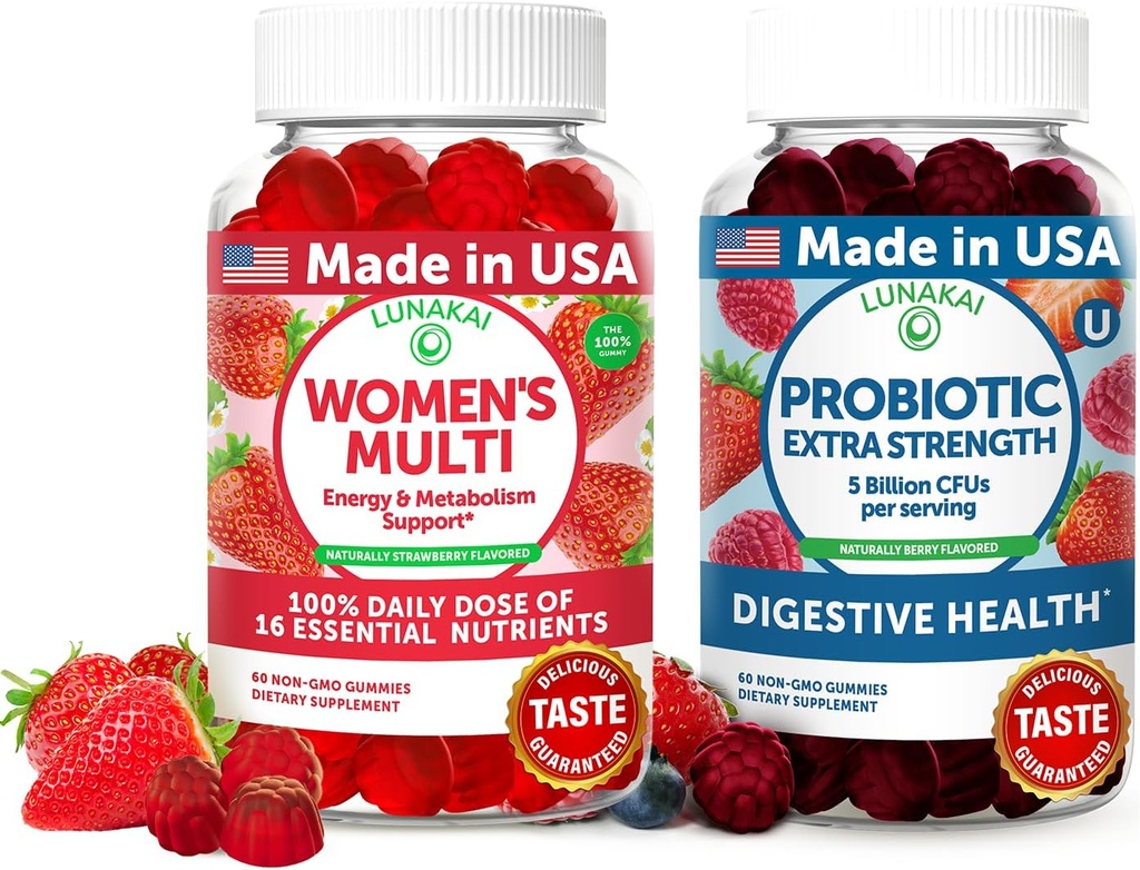 Lunakai USA Made Womens Multivitamin & Probiotic Gummies Bundle - 16 Multi Vitamin & Probiotic til fordøjelsesstøtte - 60ct hver