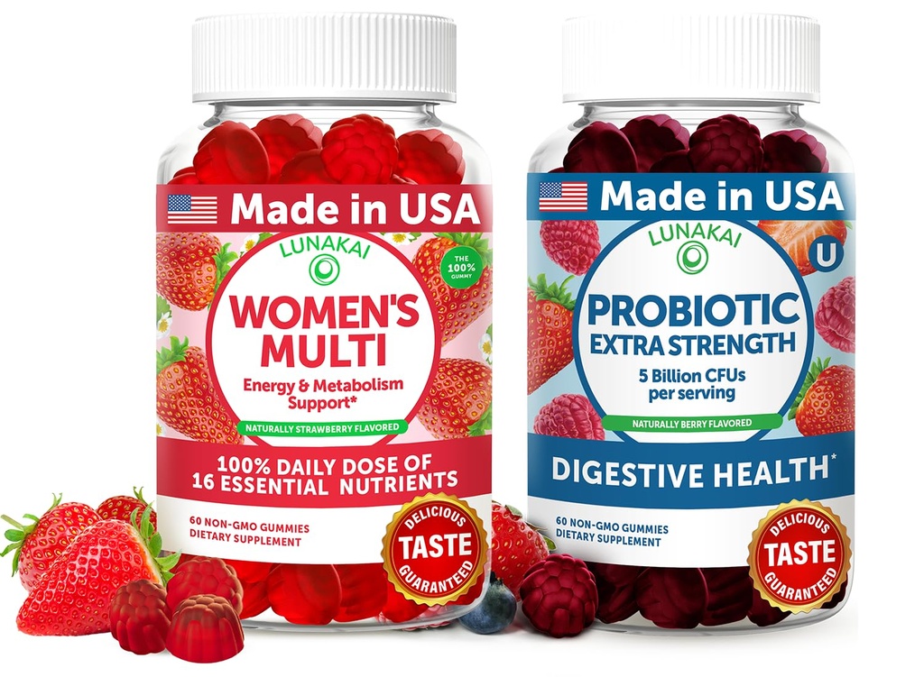 Lunakai USA Made Womens Multivitamin & Probiotic Gummies Bundle - 16 Multi Vitamin & Probiotic til fordøjelsesstøtte - 60ct hver