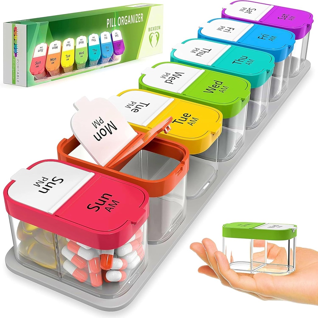 Ekstra Stor Ugentlig Pill Organizer - XL Vitamin Holder med 7 Detachable AM PM Compartments - Portable Medicine Dispenser til Hjem og Rejser, Big Supplement Container til Ugentlig eller daglig brug, Rainbow