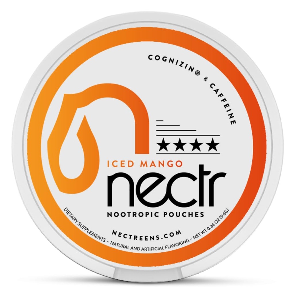 Nectr Energy Nootrop Pouches - Iced Mango Flavored, Koffein Pouches med Cognizin ® Citicolin. Sugar- Free Brain Treats. Glat, Vedvarende Focus & Energy Supplement - 1 Puck af 16pcs