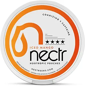 Nectr Energy Nootrop Pouches - Iced Mango Flavored, Koffein Pouches med Cognizin ® Citicolin. Sugar- Free Brain Treats. Glat, Vedvarende Focus & Energy Supplement - 1 Puck af 16pcs