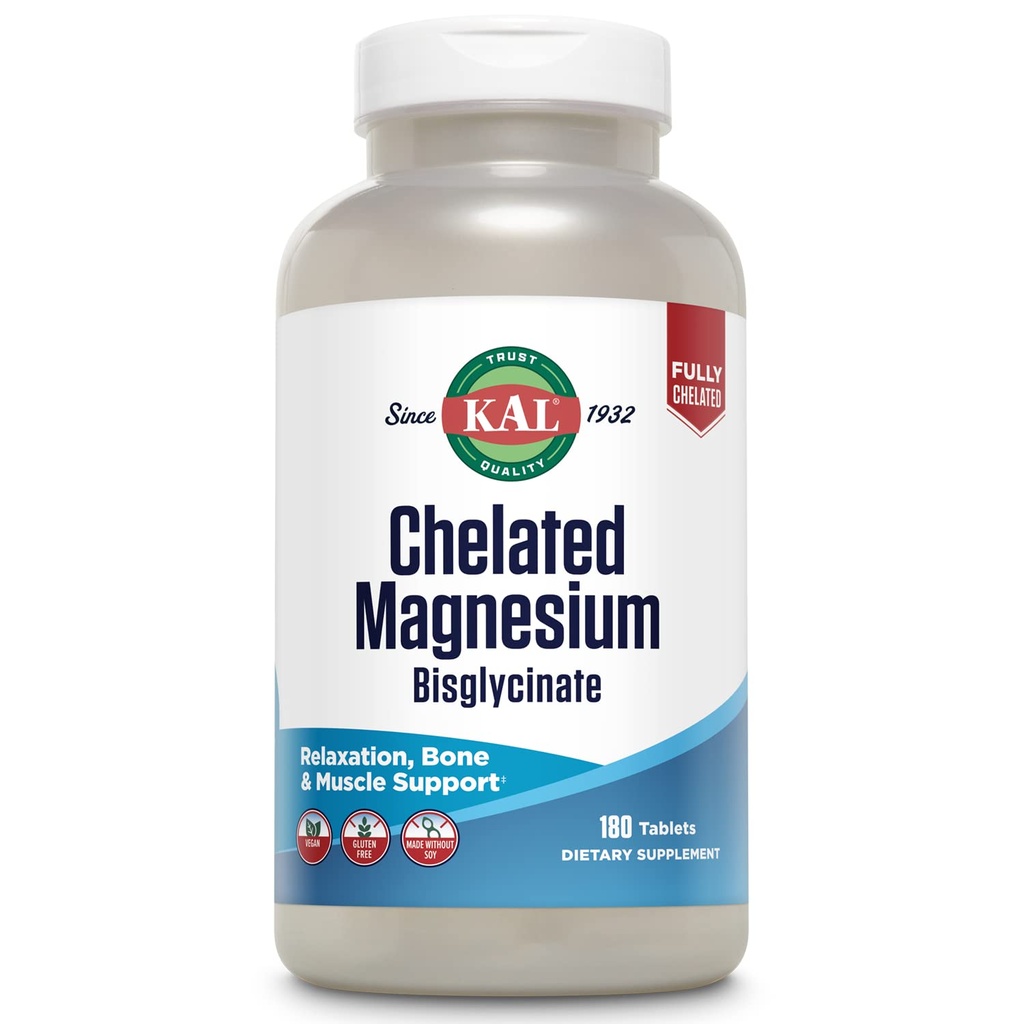 KAL Chelated Magnesium Bisglycinate, Magnesium supplement til afslapning, Knoglehelbred, Nerve & Muscle Function Support *, Høj Absorption, Gentle fordøjelse, Vegan, Gluten Free, 60 Servere, 180 tabletter