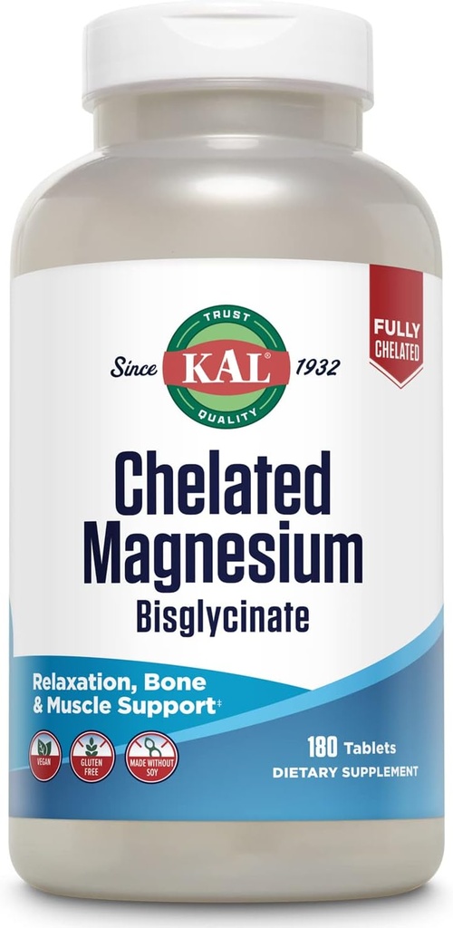 KAL Chelated Magnesium Bisglycinate, Magnesium supplement til afslapning, Knoglehelbred, Nerve & Muscle Function Support *, Høj Absorption, Gentle fordøjelse, Vegan, Gluten Free, 60 Servere, 180 tabletter