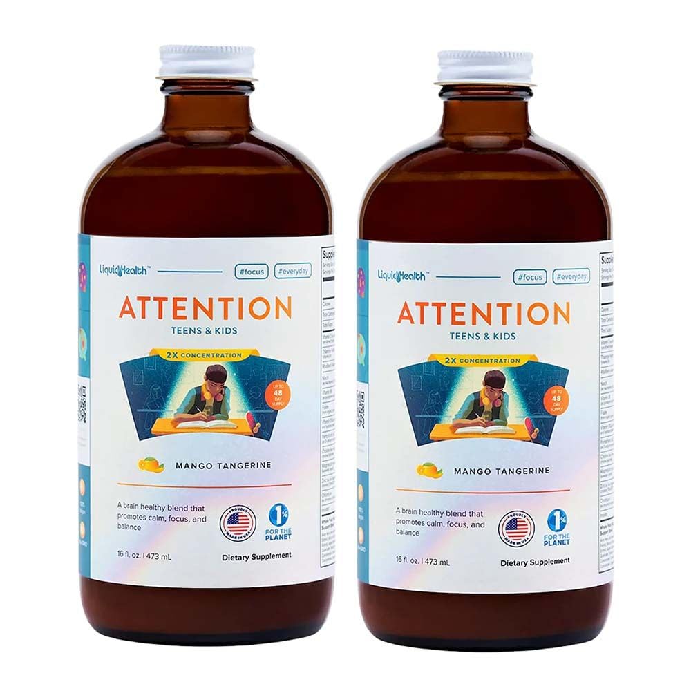 LIQUIDSUNDHED Opmærksomhed, Flydende Multivitamin til børn og teenagere - Forbedrer hukommelsesretention, Koncentration, Fokus, Mood, Afslapning & Opkalkning - Lavet i USA, Stor Smag, Vegansk, Sukkerfri (2 Pack)